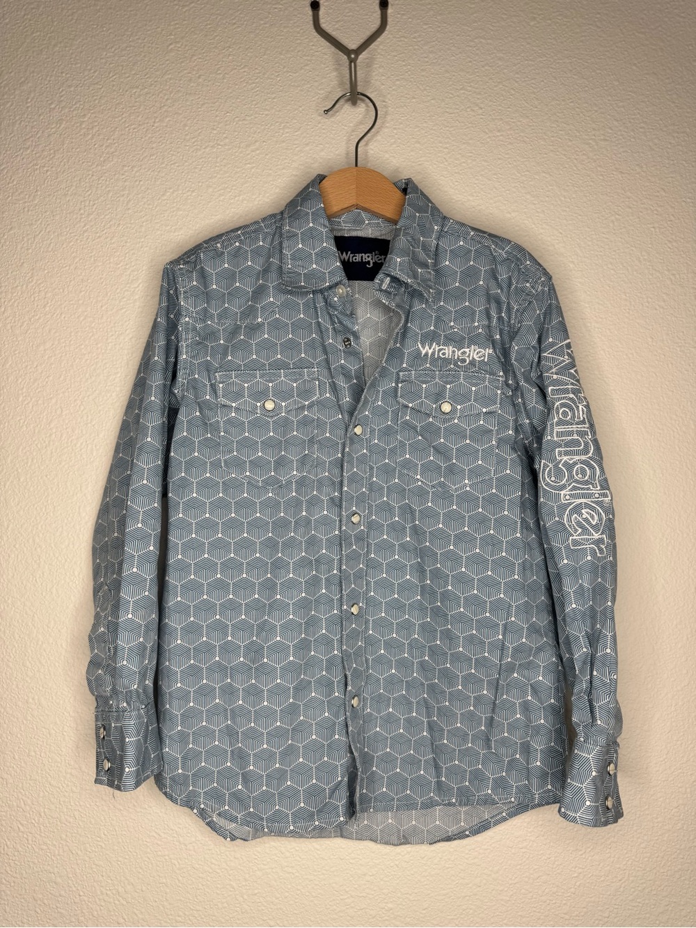 Wrangler Boys Blue Hex Print Western Pearl Snap Shirt